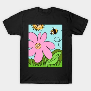 Cute flower and Bee Funny Landscape Cartoon T-Shirt